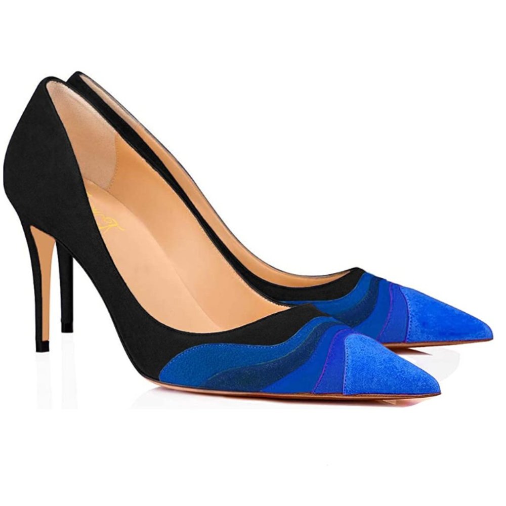 FOWT Black And Blue Suede Rainbow High Heel Pointed Toe Pump for Dress Ladies